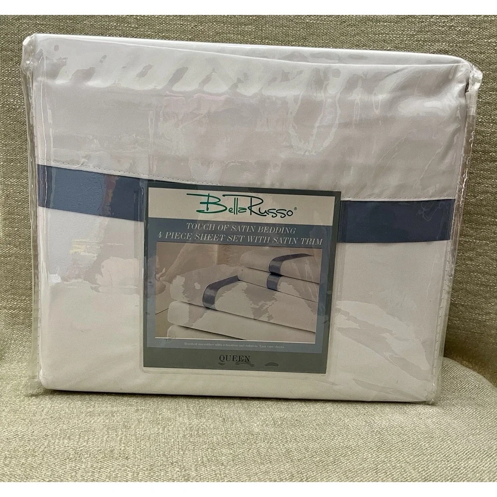Queen Bed Set White Blue Satin Trim Bella Russo NEW Easy Care Brushed Microfiber